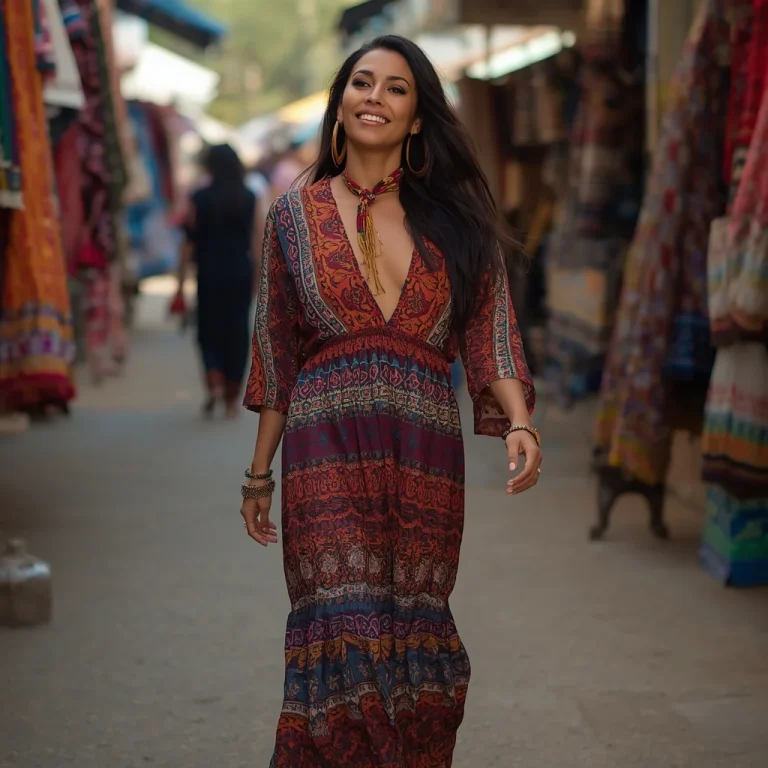Vibrant Bohemian Spirit: A Woman in a Patterned Maxi | Trending prompts for Instagram for girl